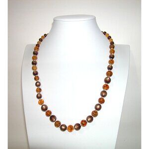 Brown & Amber Glass  Beaded Necklace With Gold-Tone Clasp